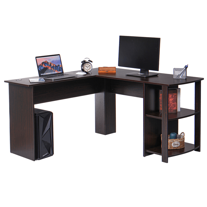 L Shape Computer Laptop Desk Conner Table 2 Tiers Shelf Bookshelf 53"L 28"H Wood for Home Office Study Working