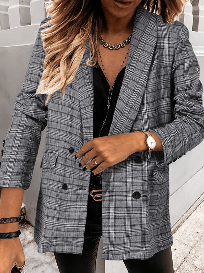 Women Plaid Double Breasted Lapel Casual Long Sleeve Thin Blazers - MRSLM