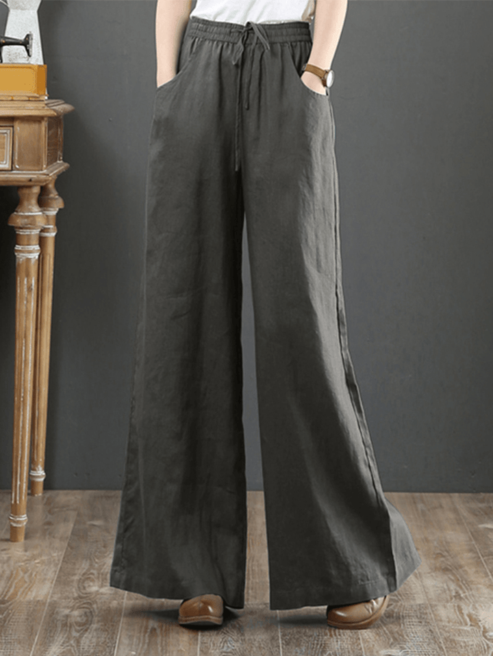 Women Solid Color Elastic Waist Drawstring Wide Leg Pants with Pocket - MRSLM