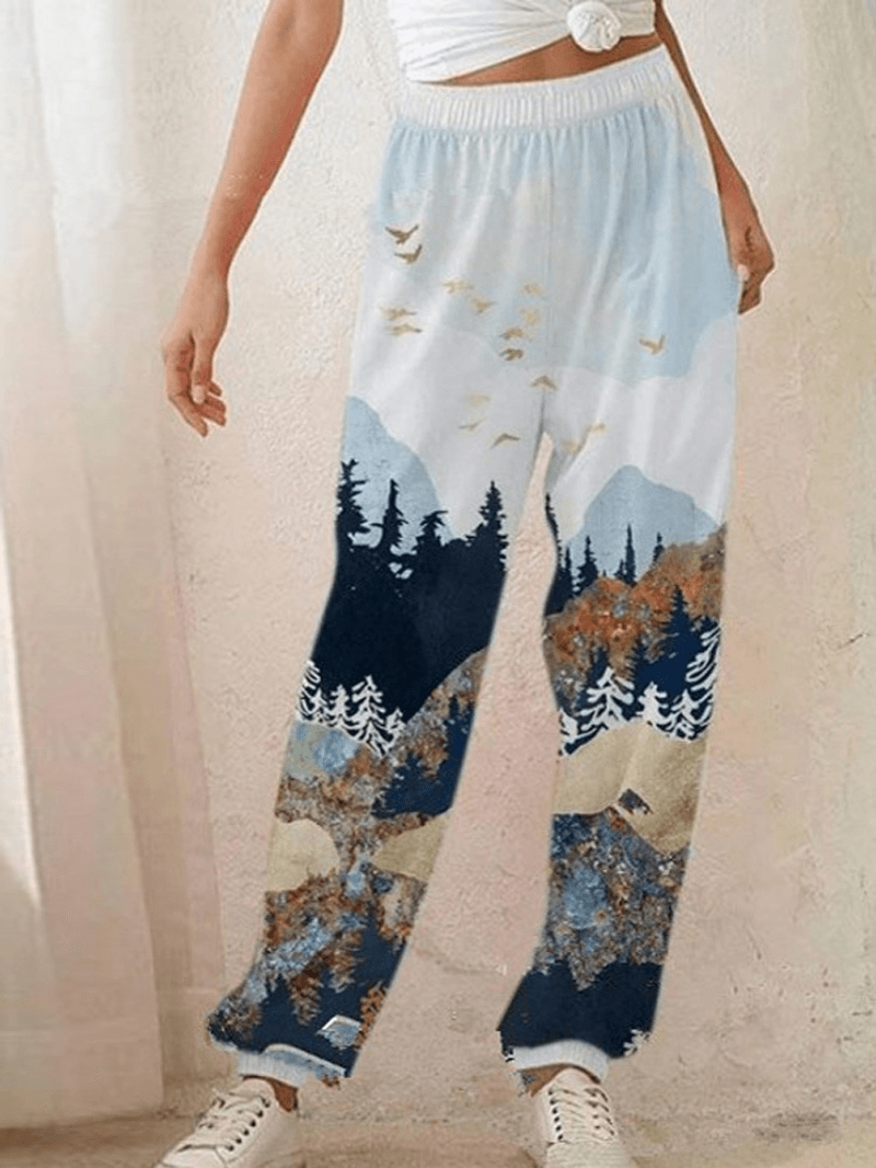 Women Casual Landscape Print Elastic Mid Waist Loose Harm Pants