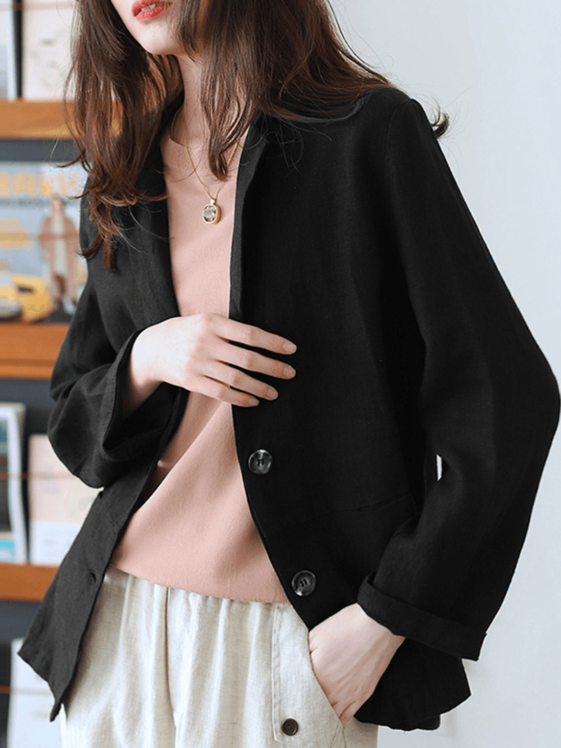 100% Cotton Lapel Business Casual Blazer with Front Pockets for Women