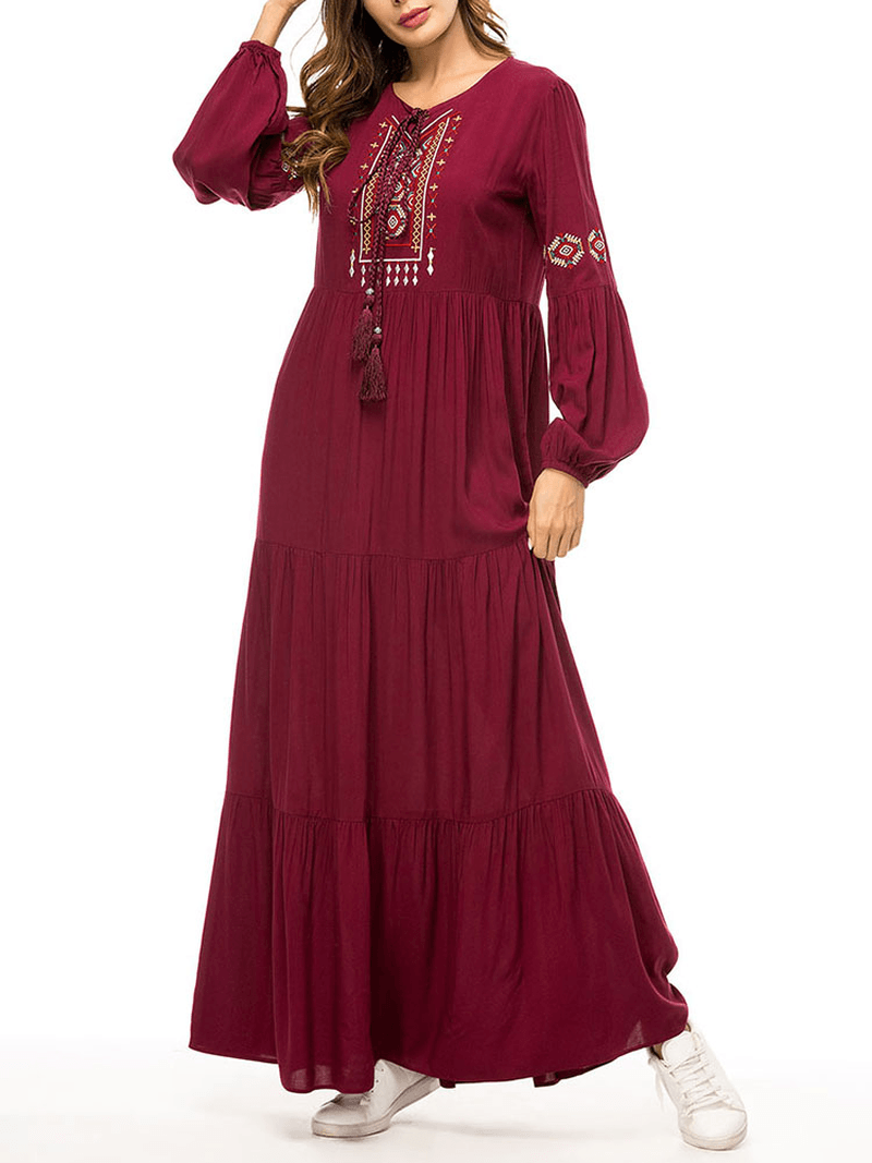 Women Pleated Robe Long Sleeve Maxi Dress