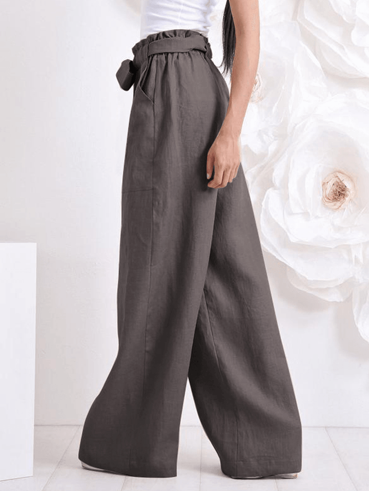 Women Cotton High Drawstring Elastic Waist Loose Solid Wide Leg Pants