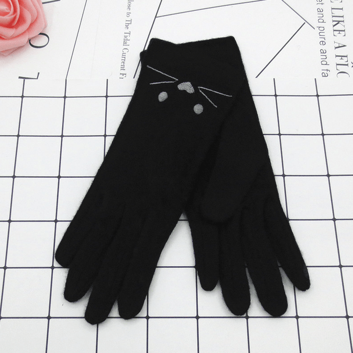 Women Wool Screen-Touchable Embroidery Cartoon Cat Pattern Keep Warm Fashion Casual Gloves