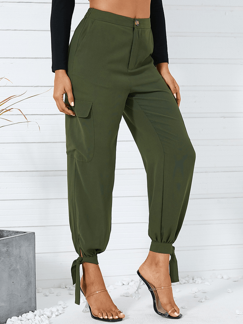 Women Solid Color Casual High Waist Jogger Pants with Pocket