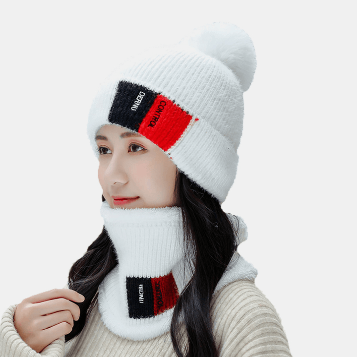 Unisex 2PCS plus Velvet Thicken Warm Windproof Neck Face Protection Riding Knitted Hat Scarf - MRSLM