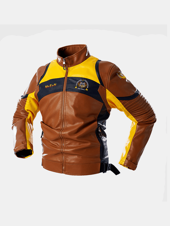 Mens Embroidery Patchwork PU Leather Motorcycle Long Sleeve Jacket