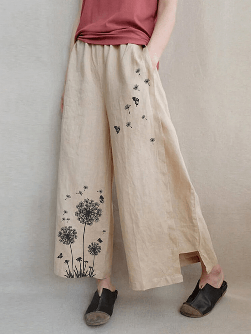 Women Floral Print Elastic Waist Loose Wide Leg Pants with Pocket