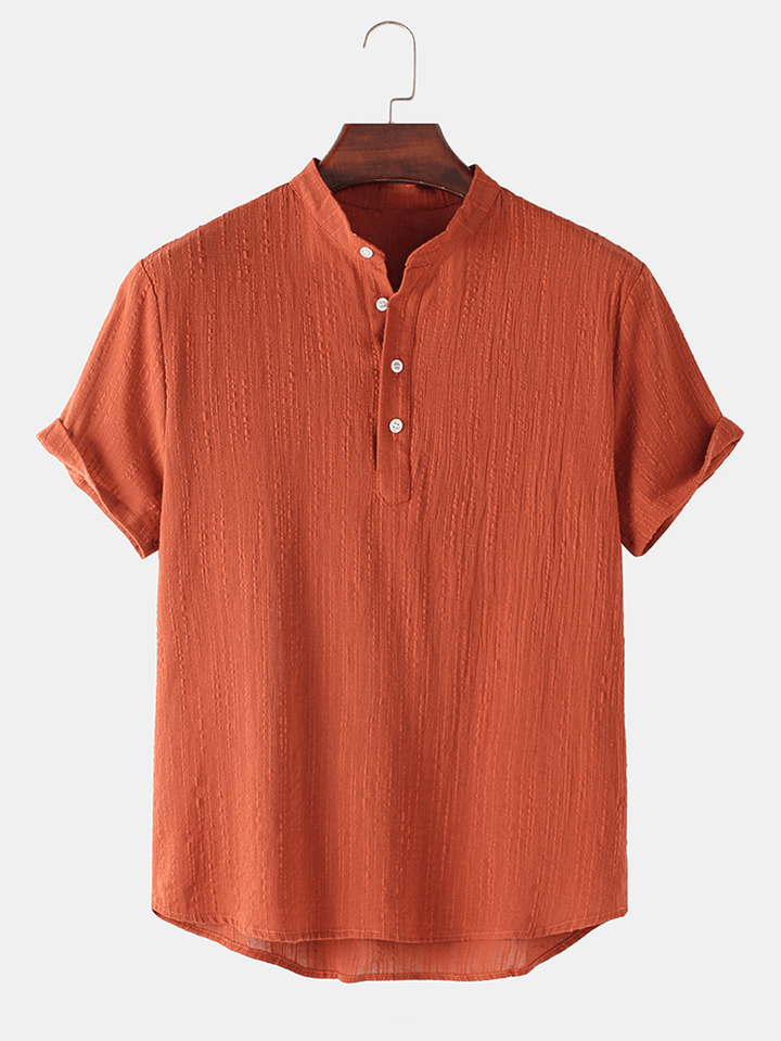 Mens Basic Solid Color Linen Short Sleeve Henley Shirt