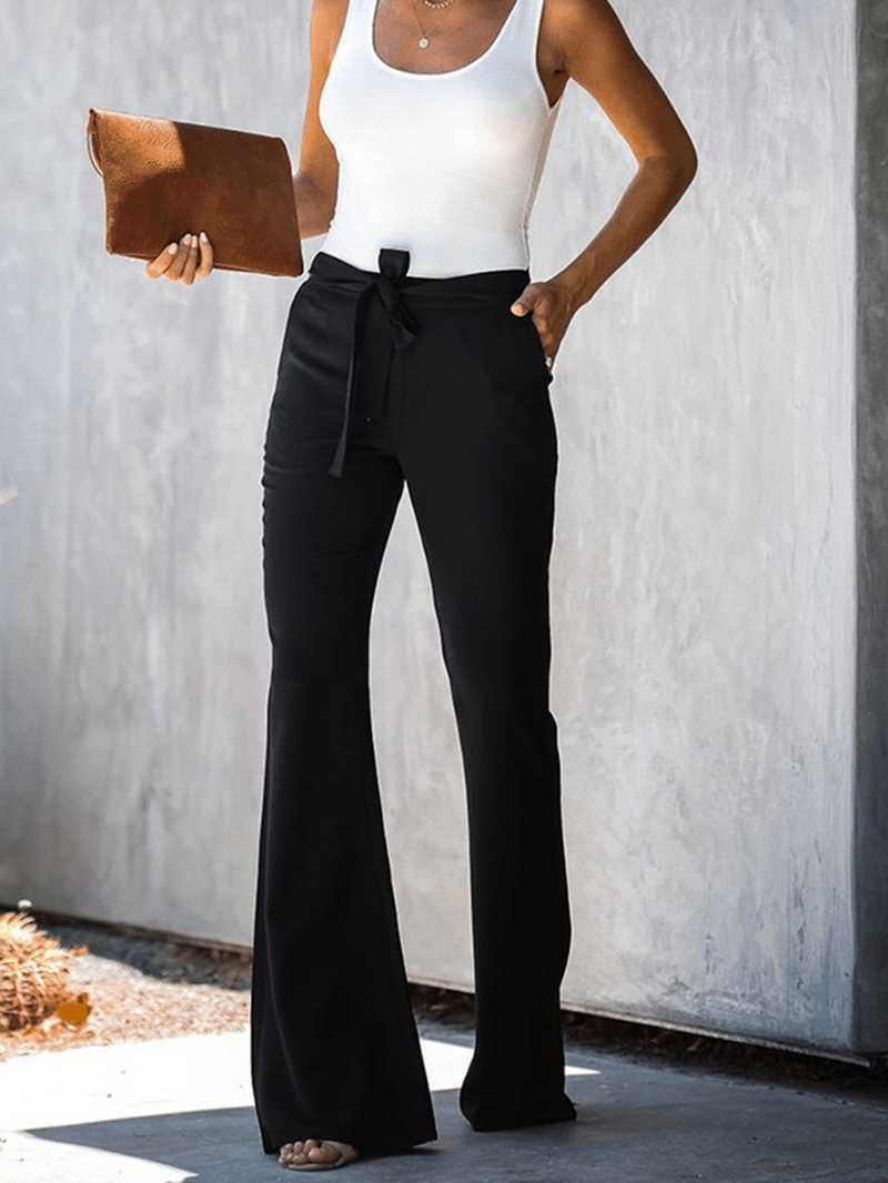 Women Solid Color Casual Black High Waist Bell-Bottoms