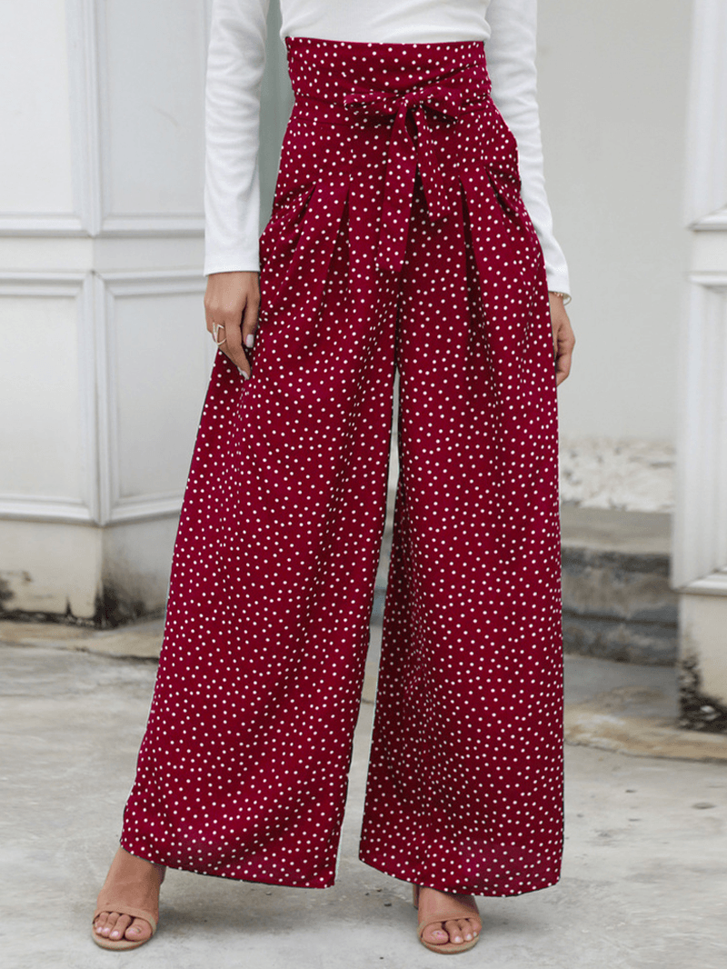 Casual Polka Dot Print High Waist Bow Wide Pants with Pocket