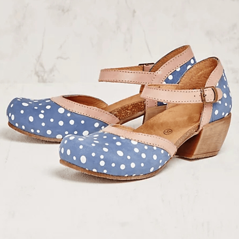 Women Polka Dot round Toe Ankle Strap Block Heel Casual Comfy Heels Pumps - MRSLM