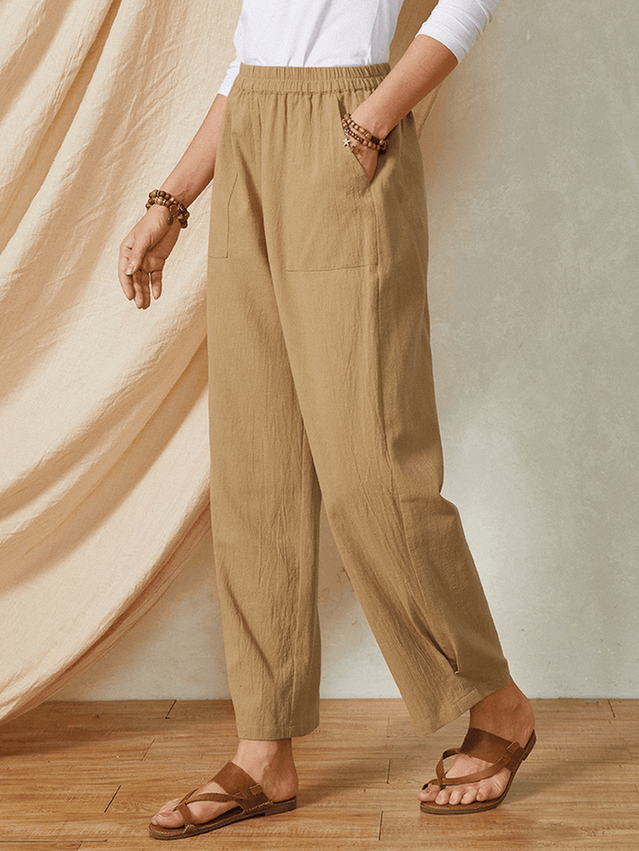 Solid Color Elastic Waist Casual Cotton Women Pants