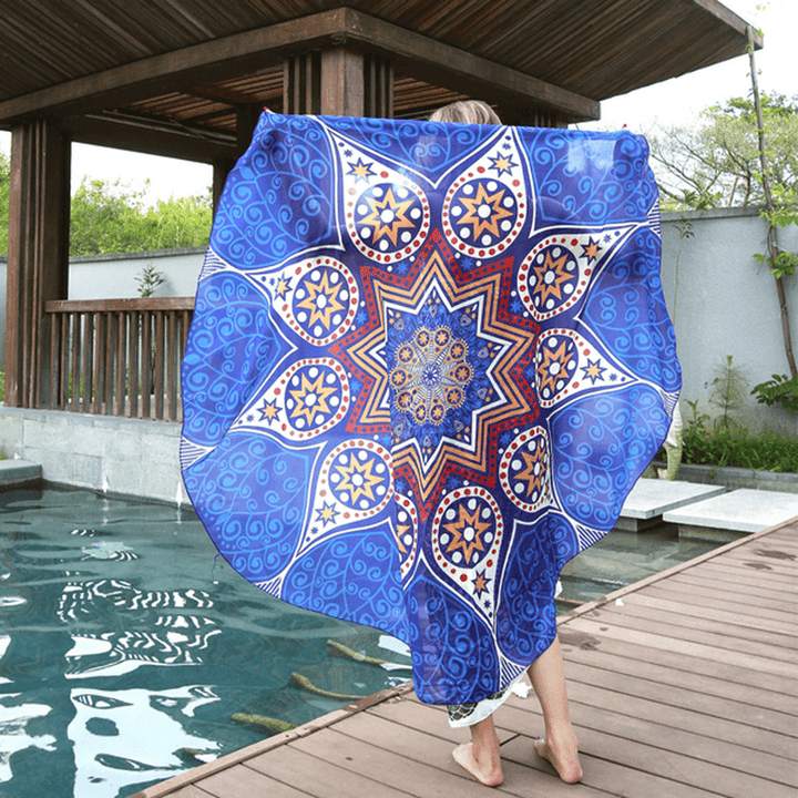 145Cm round Blue Fish Print Thin Chiffon Beach Shawl Mat Mandala Tablecloth Bed Sheet Tapestry