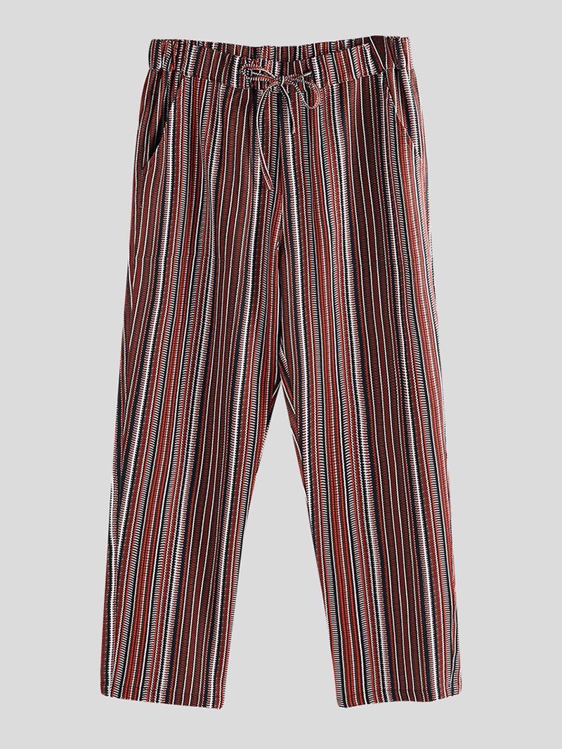 Mens Ethnic Stripe Print Elastic Drawstring Casual Straight Pants