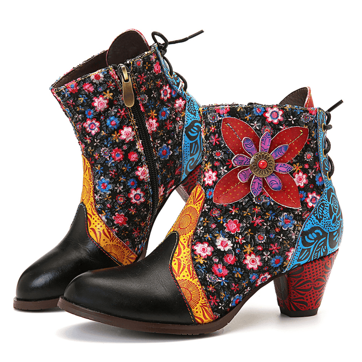 Women Retro Leaf Flower Leather Comfy Zipper Ankle Boots