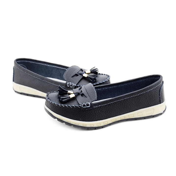 Casual Soft Leather Tassels Flat Shoes Slip on round Toe Loafer Shoes