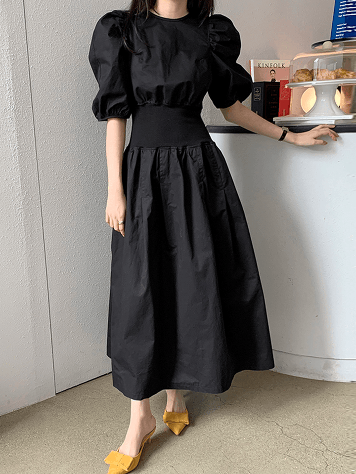 Puff Sleeve O-Neck Short Sleeve Elastic Cuffs Casual Maxi Dress - MRSLM