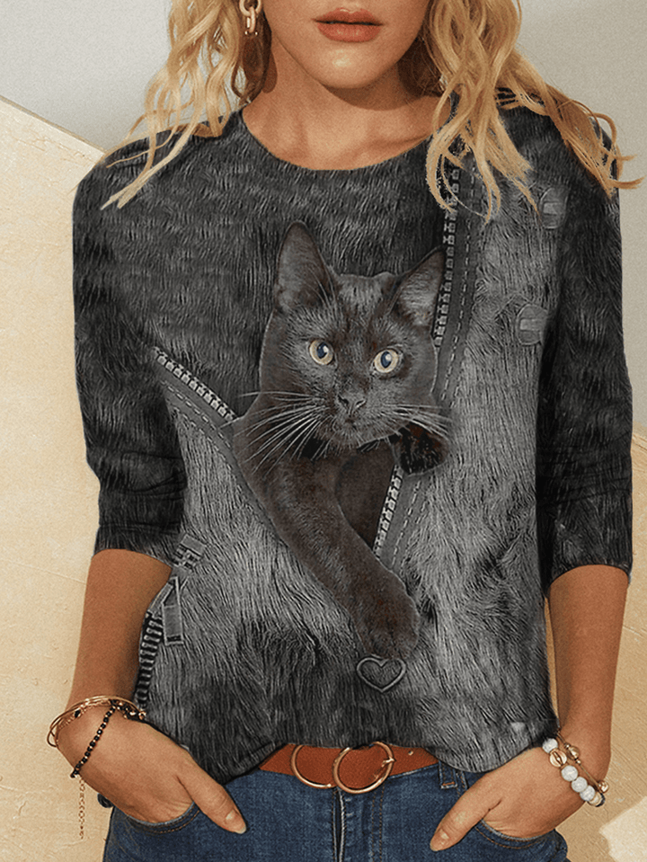 Women Cute Black Cat Print round Neck Casual Long Sleeve Blouses