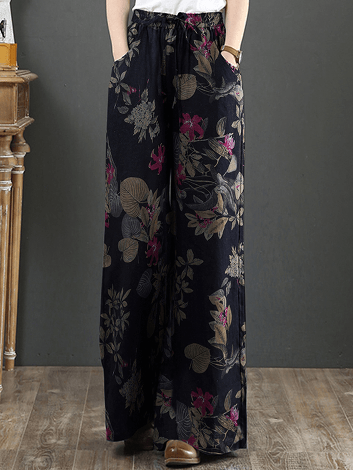 Cotton Women Palnt Floral Print Pocket Drawstring Elastic Waist Retro Wide Leg Pants - MRSLM