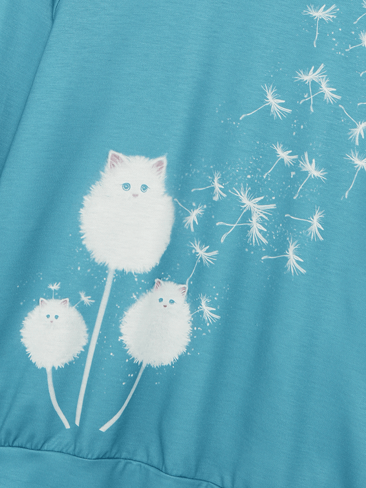 Women Cute Cat Dandelions Print round Neck Long Sleeve Casual Sweatshirt