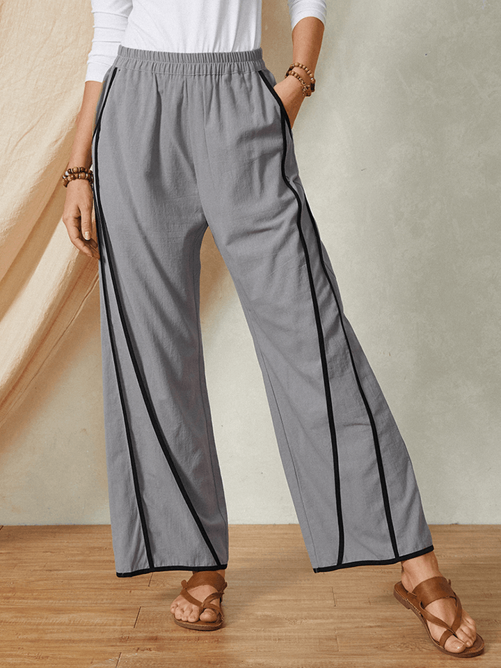 Cotton Elastic Waist Casual Patchwork Pocket Wide Leg Women Pants