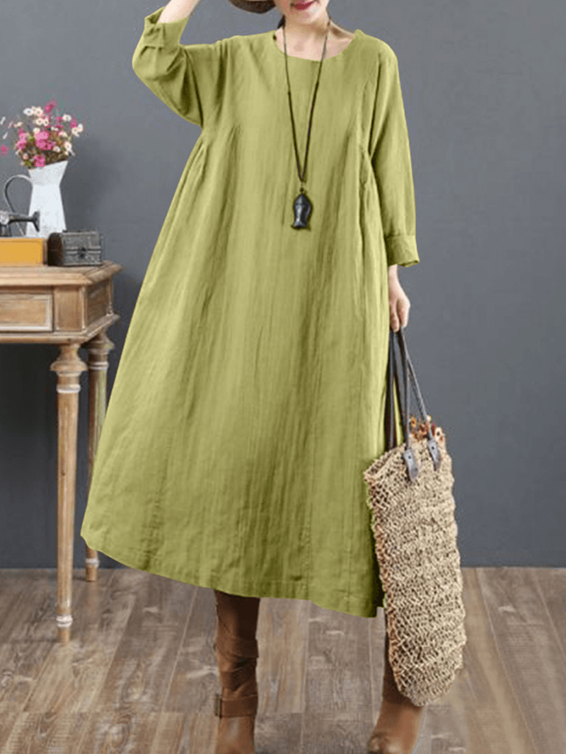 Women Cotton Solid Tie Back round Neck Long Sleeve Casual Midi Dresses - MRSLM