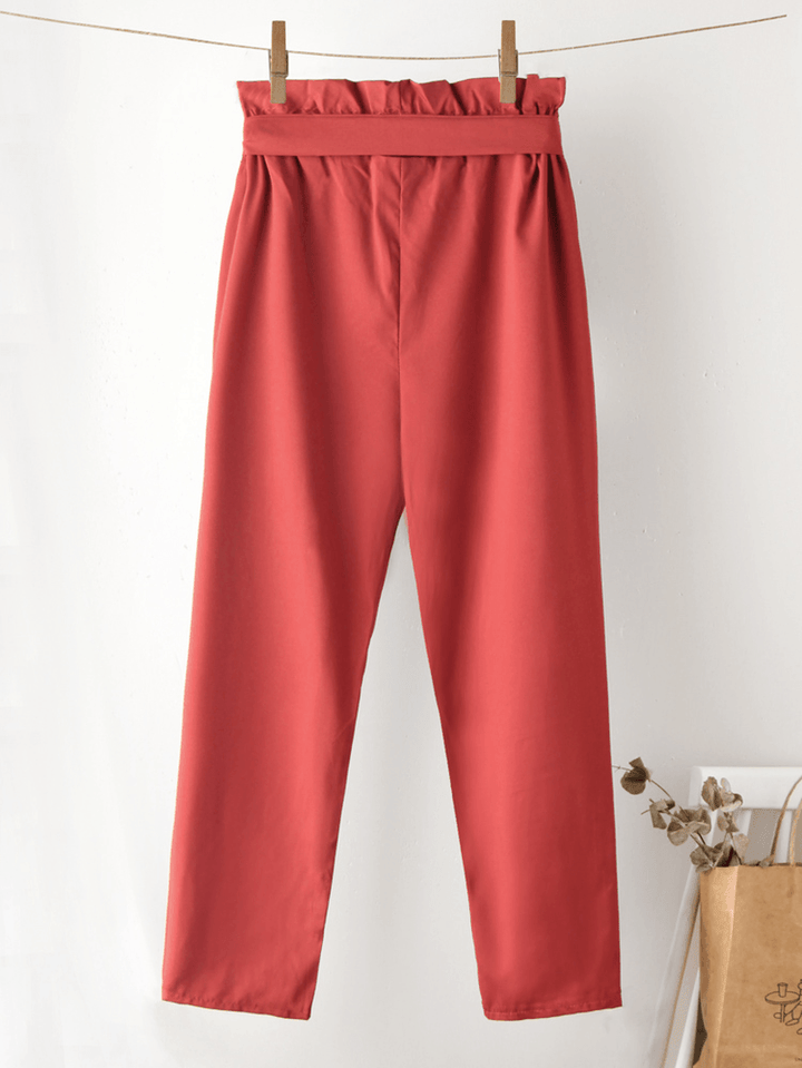 Solid Color Ruffle Knotted Pocket Casual Cropped Pants for Women