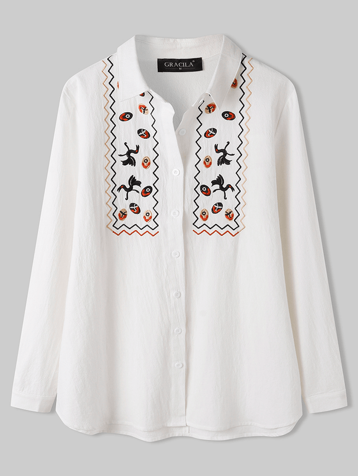 Women White Lapel Ethnic Embroidery Daily Casual Long Sleeve Shirts - MRSLM