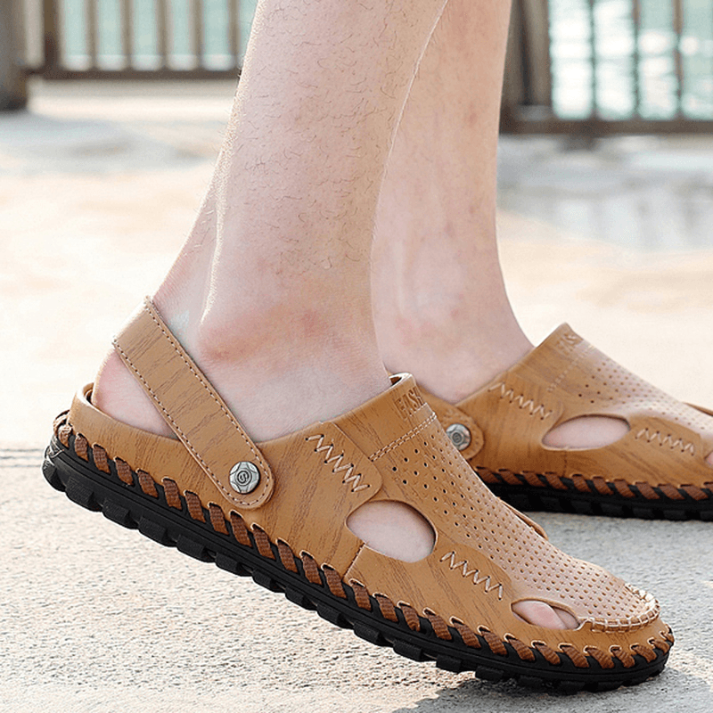 Men Summer Leather Sandal Casual round Toe Outdoor Flat Fashion Soft Beach Slipper