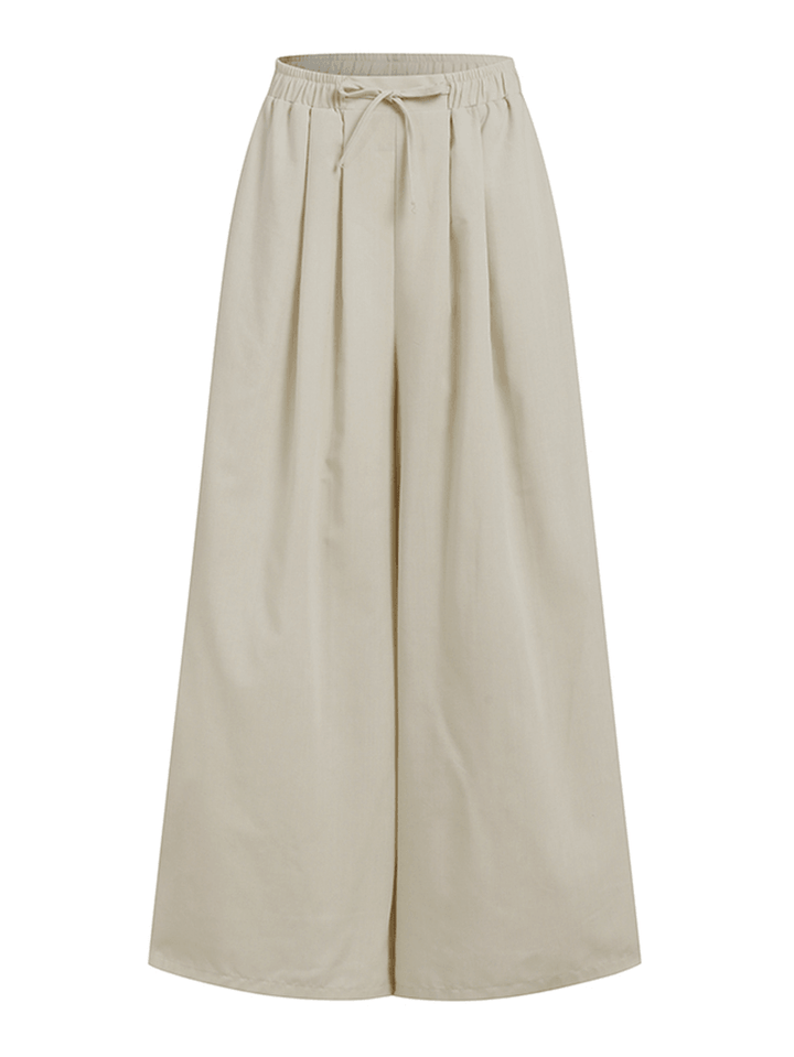 Women 100% Cotton Solid Color High Drawstring Waist Plain Casual Wide Leg Pants