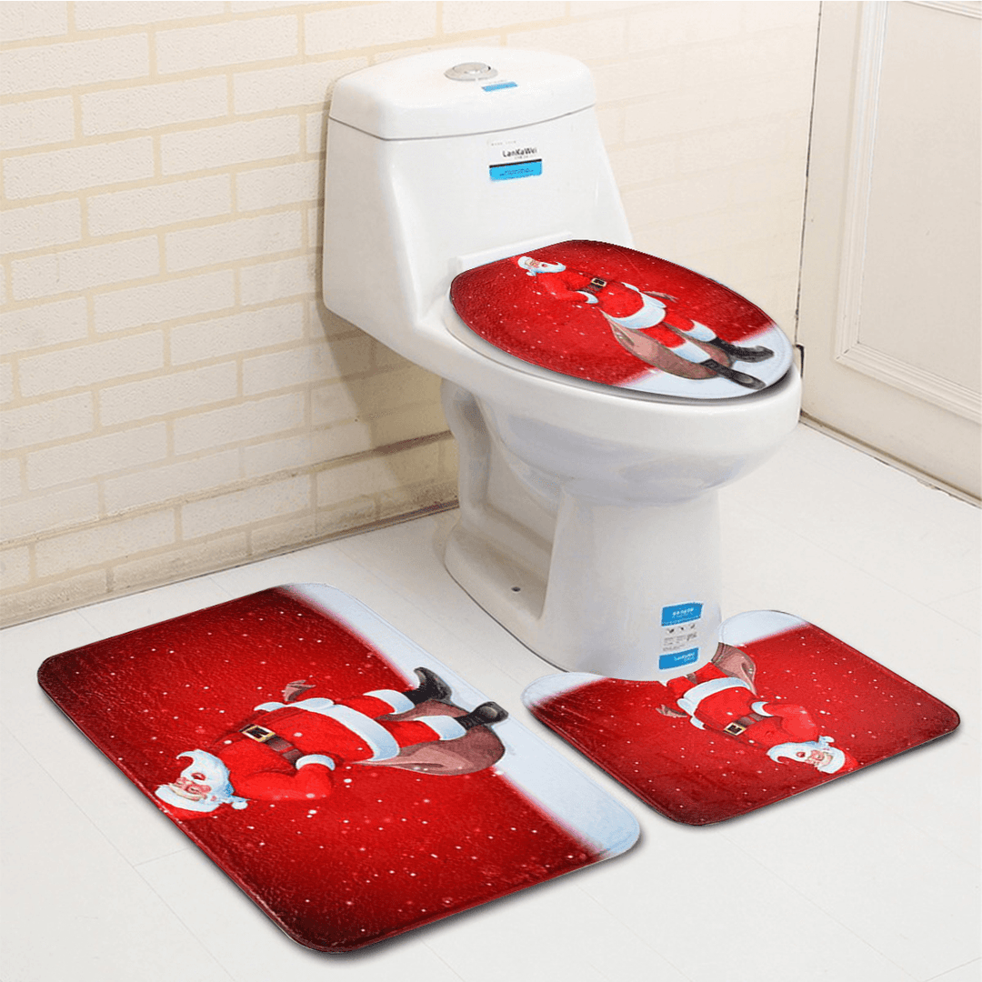 3PCS Christmas Snowman Toilet Mat Set Non-Slip Waterproof Bathroom Door Mat Set