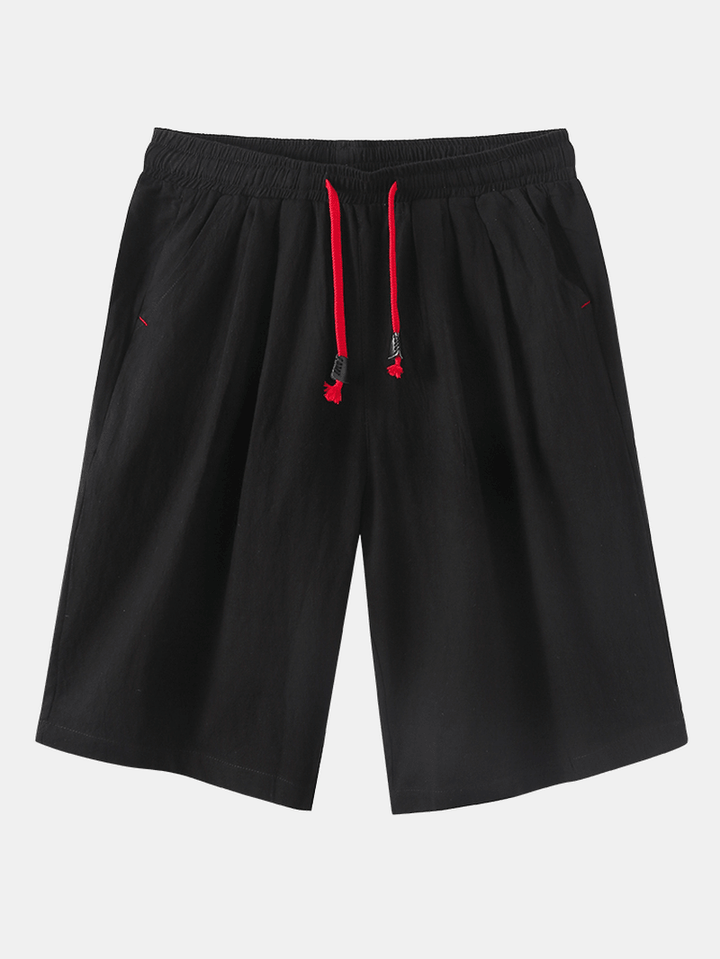 Mens Solid Color Elastic Waist Drawstring Casual Shorts