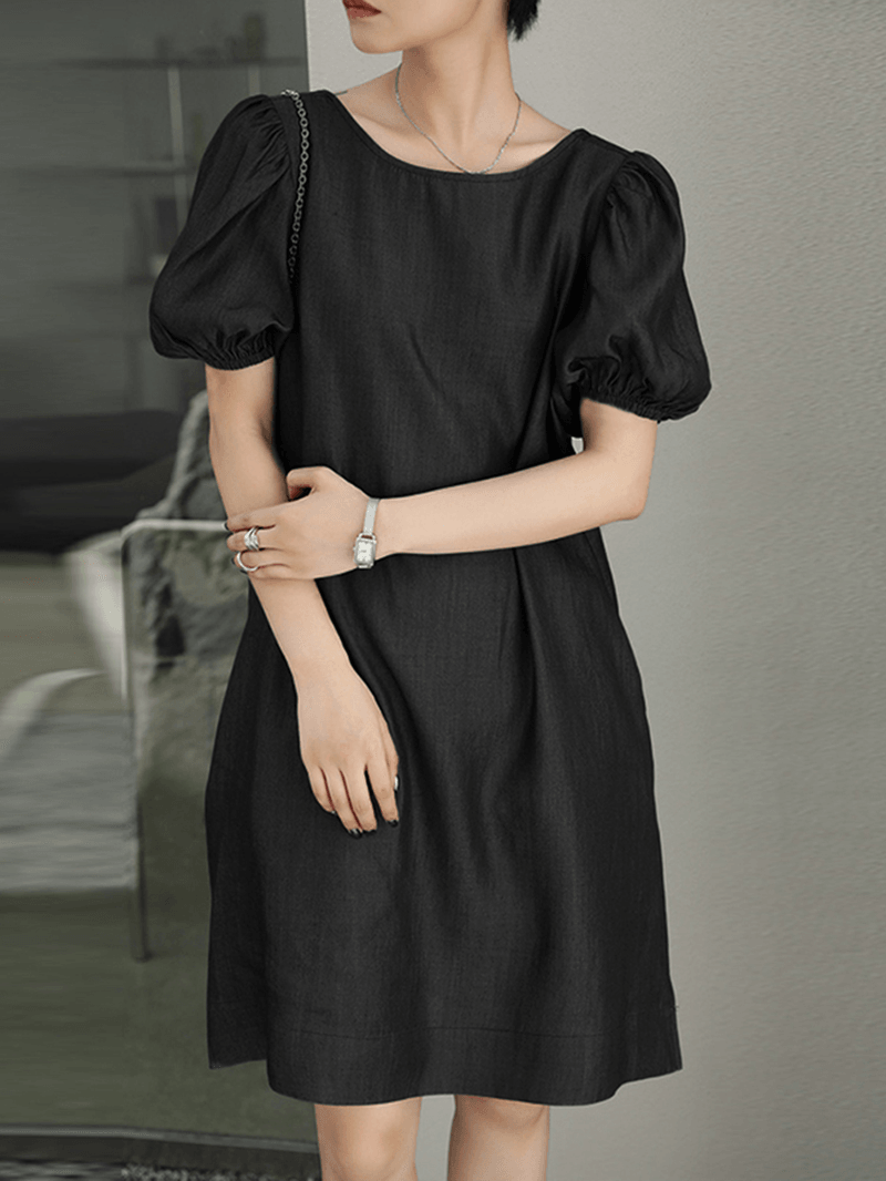 Solid Casual Crew Neck Puff Sleeve Pleated Plain A-Line Midi Dress