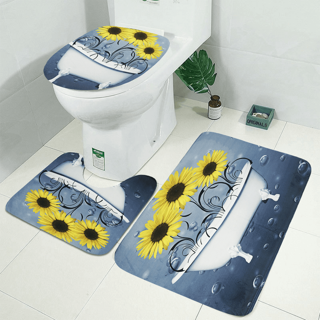 Sunflower Shower Curtain Non-Slip with Free Hooks Waterproof Fabric Bathroom Set