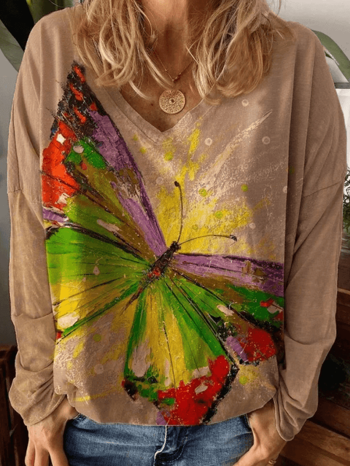 Women Large Butterfly Printed V-Neck Casual Long Sleeve Blouses - MRSLM