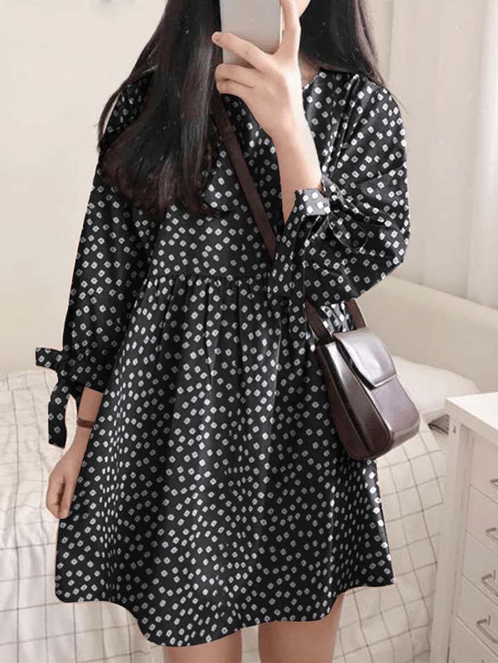 Women Cotton Polka Dot Pleat round Neck Loose Casual Mini Dress - MRSLM