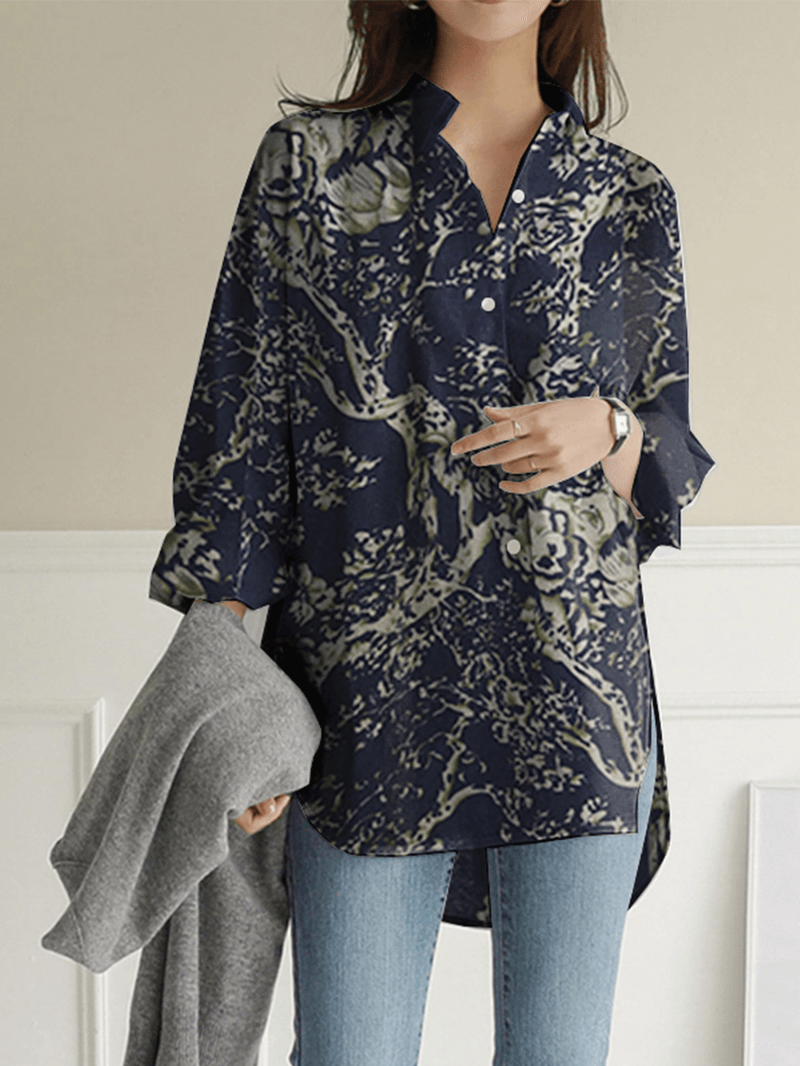 Women Floral Print Lapel Collar High Low Split Hem Long Sleeve Casual Shirts