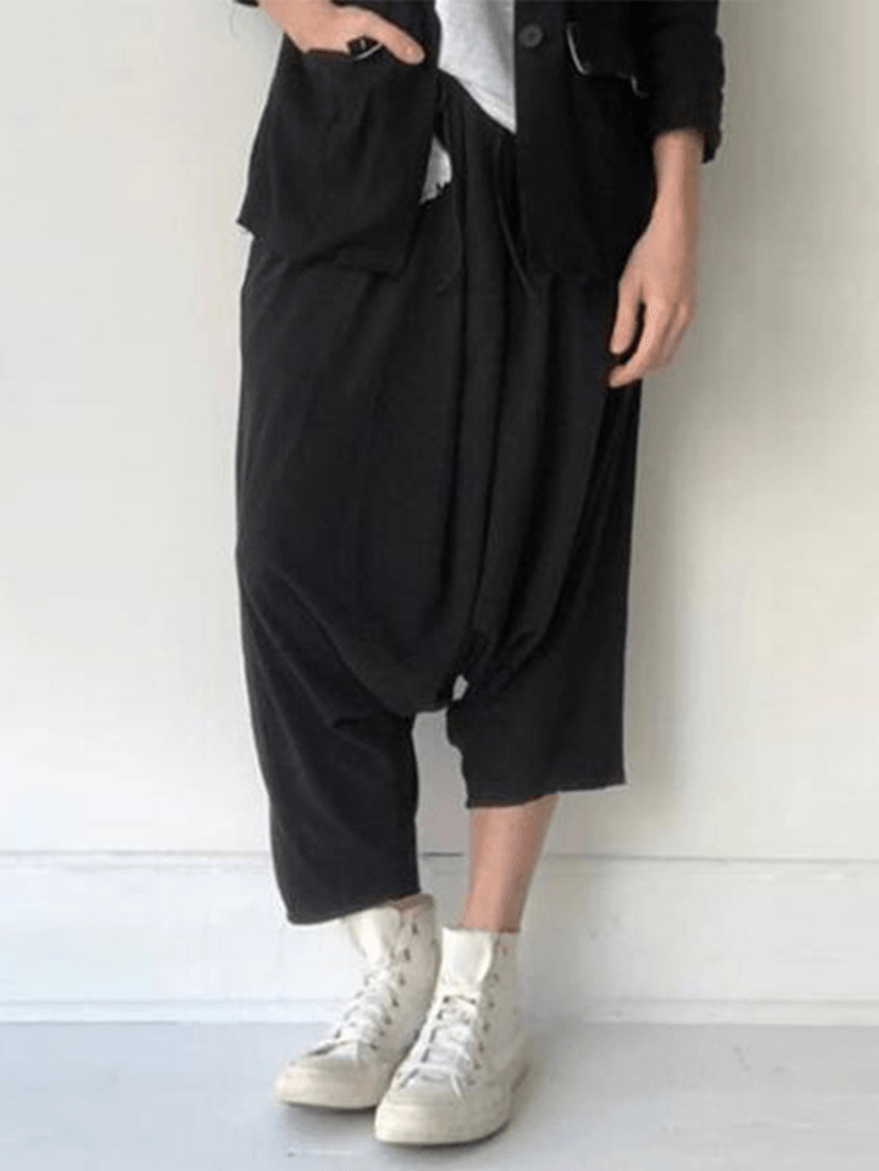 Women Pure Color Loose Elastic Waist Side Pockets Pants