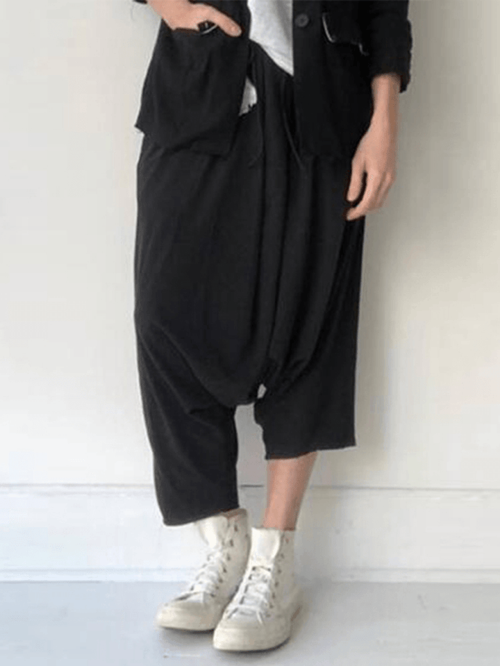 Women Pure Color Loose Elastic Waist Side Pockets Pants