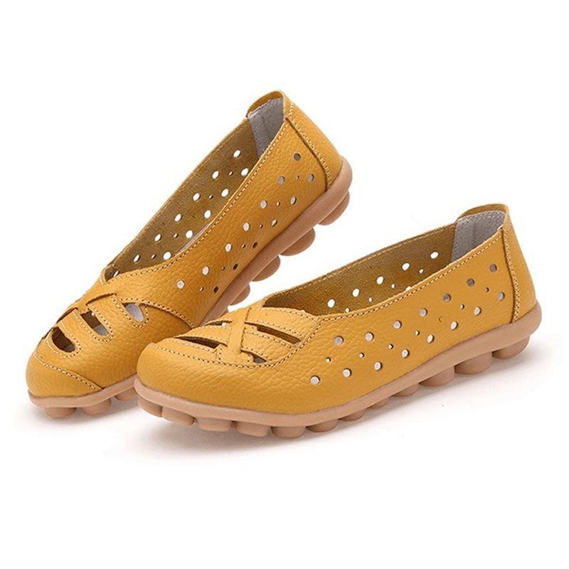 Women Flats Shoes Comfortable Soft Slip on Hollow Out Leather Casual Flat Loafers Shoes - MRSLM