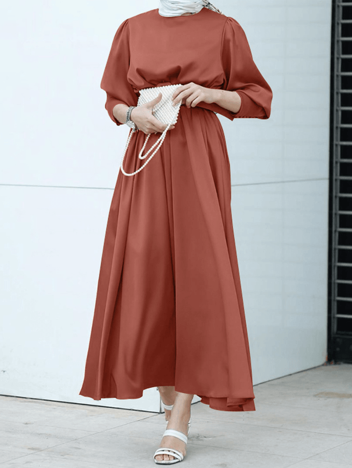 Women Pure Color Lace up Puff Sleeve Casual Kaftan Maxi Dresses - MRSLM