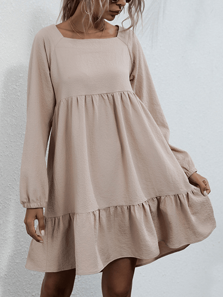 Women Brief Style Solid Color Bowknot Ruffle Long Sleeves Casual Dress