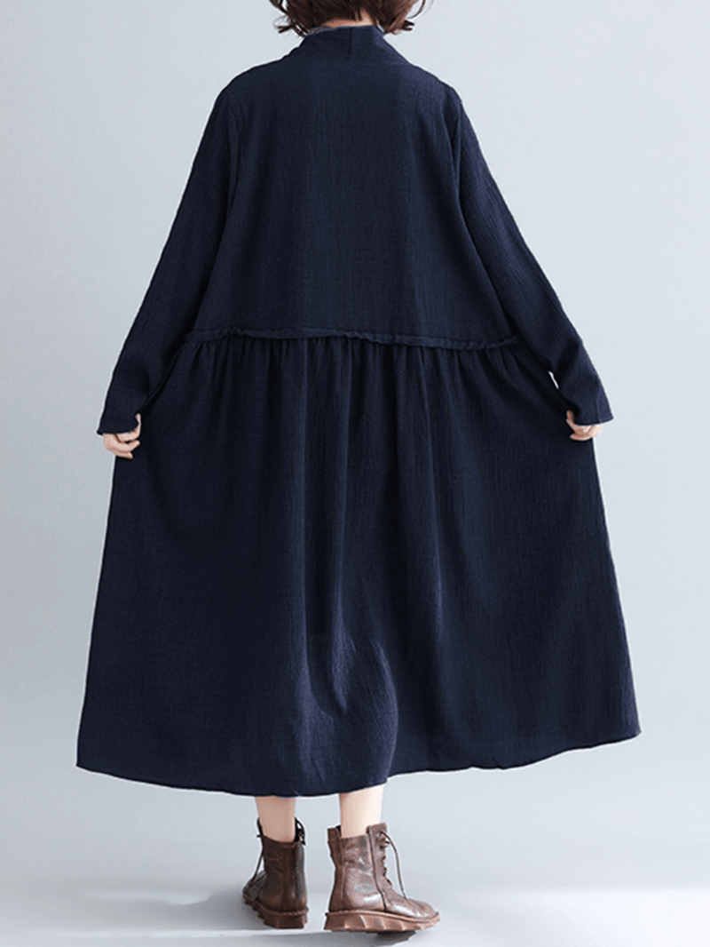 Women Pure Color Cotton Loose Long Sleeve Pockets Trench