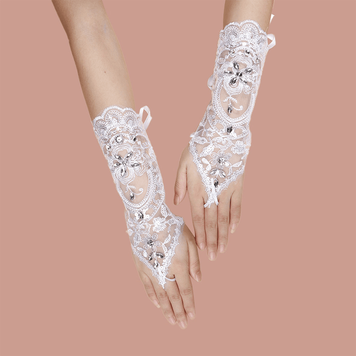 Women Lace Flowers with Rhinestone Bandage Split Finger Gloves Mid-Length Wild Mesh Breathable Sun Protection Sleeves