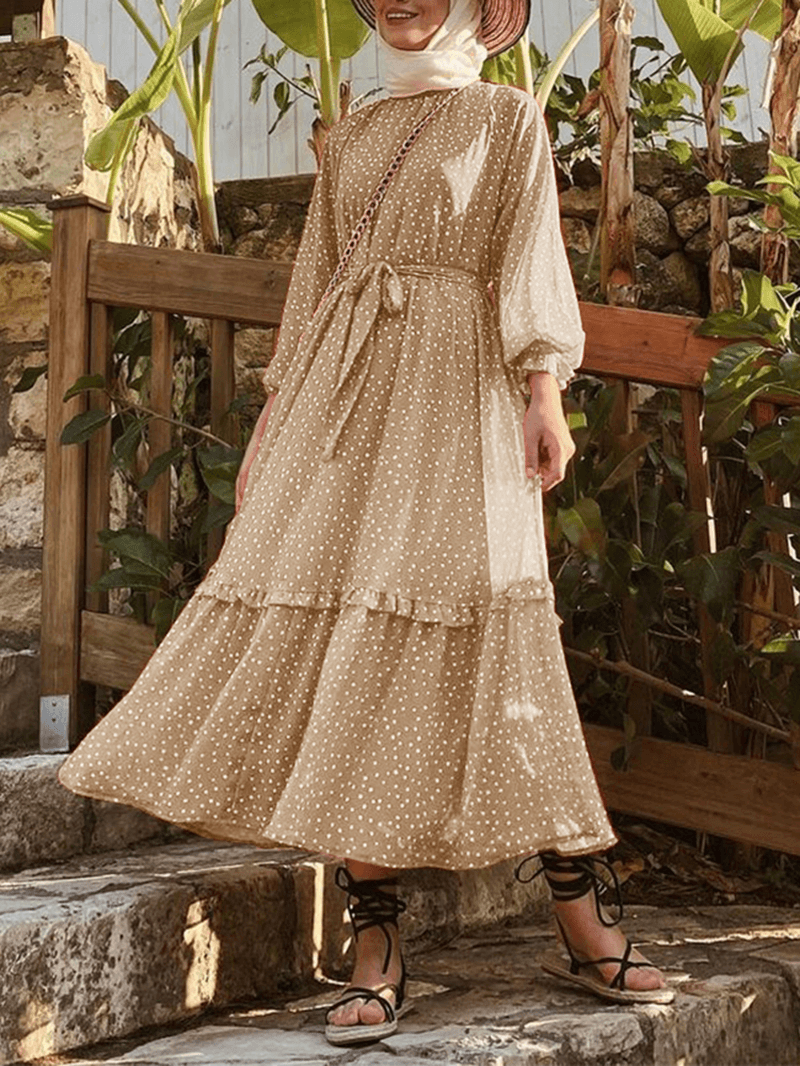 Polka Dot Print Frill Trim Lace up Casual Long Puff Sleeve Maxi Dresses for Women