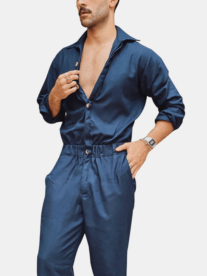 Mens Cotton Solid Color Button up Lapel Collar Casual Jumpsuits