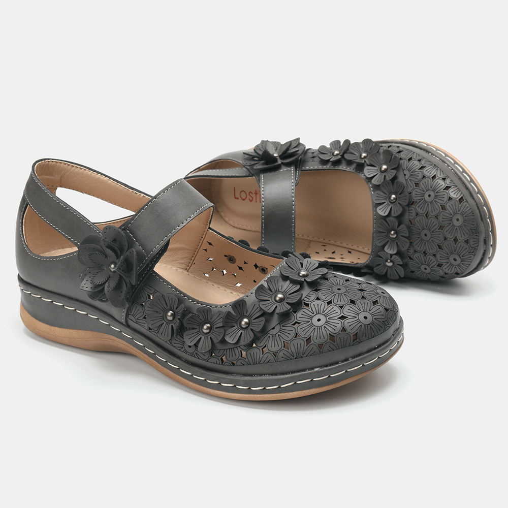 LOSTISY Women Comfy Flowers Hollow Hook Loop Flats