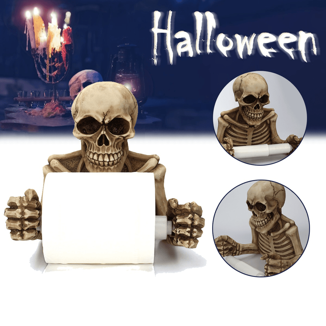 Halloween Creative Skull Statue Roll Paper Holder Wall Mount Resin Sculpture for Bathroom Decor