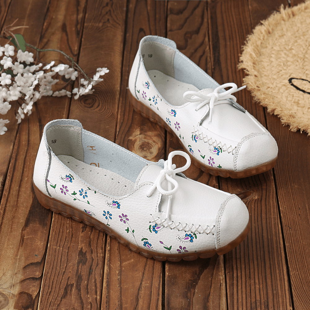 Women Bowknot Flowers Printing Comfy Non Slip Soft Sole Casual Leather Loafers